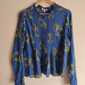 Lucky Brand Lightweight Cotton Blouse M Blue Green Floral Lace Trim Top